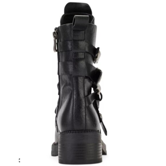 DKNY Buckled Straps Accent Combat Boots. Black Leather and Silver-Tone Metal. 7. - Picture 2 of 11